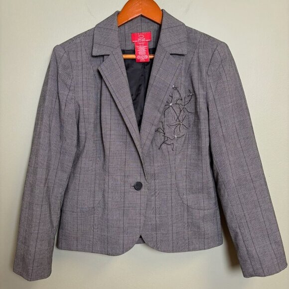 Oscar De La Renta Women Blazer 8P Gray Plaid Rhinestone Floral Design Career - Picture 1 of 16